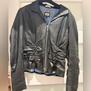 Black Ruched Leather Zip-Front Jacket